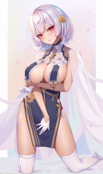 Rule 34 | 1girl, arm under breasts, azur lane, blush, braid, breast curtains, breasts, china dress, chinese clothes, dress, flower, garter straps, gloves, hair between eyes, hair ornament, highres, kneeling, large breasts, looking at viewer, parted lips, pelvic curtain, red eyes, revealing clothes, short hair, sirius (azur lane), sirius (azure horizons) (azur lane), solo, thighhighs, wei xiao, white gloves, white hair, white thighhighs