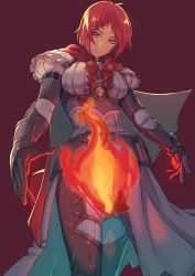 Rule 34 | 1girl, aduti momoyama, blush, breasts, cape, dress, fire, fire emblem, fire emblem: three houses, fire emblem warriors: three hopes, gloves, hair ornament, highres, long sleeves, looking at viewer, medium breasts, monica von ochs, nintendo, official alternate costume, official alternate hairstyle, red eyes, red hair, short hair, simple background, smile, solo