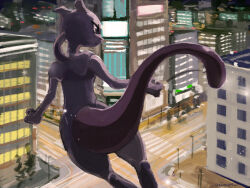 building city closed_mouth creatures_(company) crosswalk floating from_behind game_freak gen_1_pokemon legendary_pokemon looking_to_the_side mewtwo night nintendo no_humans outdoors pokemon pokemon_(creature) purple_eyes road signature skyscraper solo uninori utility_pole