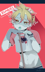 Rule 34 | 1boy, absurdres, blonde hair, colored skin, hair ornament, heart, highres, kagamine len, looking at viewer, multicolored hair, open mouth, red eyes, red hair, shirt, short hair, short sleeves, solo, stitched face, stitches, syiga, symbol-shaped pupils, vocaloid, zombie, zombie (vocaloid)