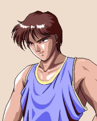 Rule 34 | 1990s (style), 1boy, 4bpp, bare shoulders, brown hair, character request, dithering, facing viewer, game cg, interheart, lowres, pc98, pixel art, reijou monogatari, retro artstyle, shirt, short hair, simple background, sleeveless, sleeveless shirt, solo, tagme, upper body