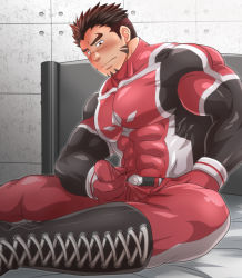 Rule 34 | 1boy, akashi (live a hero), bara, blush, bodysuit, bulge, covered abs, erection, erection under clothes, facial hair, goatee, large pectorals, live a hero, long sideburns, male focus, male masturbation, masturbation, mature male, muscular, muscular male, pectorals, red bodysuit, red eyes, red hair, short hair, sideburns, sitting, skin tight, solo, spread legs, sunfight0201, thick eyebrows