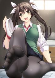Rule 34 | &gt;:d, 10s, 1girl, :d, adapted costume, black eyes, black hair, black pantyhose, black skirt, blouse, blush, breasts, collared shirt, feet, foot focus, foreshortening, hair ribbon, head tilt, highres, kantai collection, long hair, looking at viewer, medium breasts, necktie, open mouth, pantyhose, red necktie, ribbon, ruton-niki, shirt, shoes, unworn shoes, single shoe, skirt, sleeves rolled up, smile, soles, solo, sweater vest, toes, tone (kancolle), twintails, uwabaki, v-neck, v-shaped eyebrows, white ribbon, white shirt