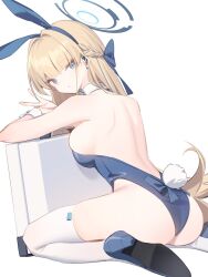 Rule 34 | 1girl, animal ears, ass, backless leotard, bare shoulders, blonde hair, blue archive, blue bow, blue eyes, blue hairband, blue leotard, bow, bowtie, braid, breasts, commentary, detached collar, duplicate, earpiece, earrings, fake animal ears, fake tail, hairband, halo, high heels, highleg, highleg leotard, highres, jewelry, kildir, large breasts, leaning on object, leotard, long hair, looking at viewer, looking back, medium breasts, official alternate costume, official alternate hairstyle, playboy bunny, rabbit ears, rabbit tail, sideboob, simple background, sitting, solo, strapless, strapless leotard, stud earrings, tail, thighhighs, thighs, toki (blue archive), toki (bunny) (blue archive), v, very long hair, wariza, white background, white thighhighs, wrist cuffs