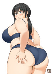 Rule 34 | 1girl, ass, black hair, blue eyes, blush, breasts, fat, from behind, hand on own ass, harukakakkokari, highres, huge ass, large breasts, looking back, original, panties, plump, solo, thick thighs, thighs, twintails, underwear, wedgie, white background