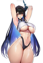 Rule 34 | 1girl, armpits, arms behind head, arms up, artist name, asymmetrical horns, bare shoulders, black hair, black panties, blue hair, blush, breasts, colored inner hair, commentary, cropped shirt, crossed bangs, demon horns, english commentary, hair between eyes, hair ornament, highleg, highleg panties, highres, hololive, hololive english, horns, large breasts, linea alba, long hair, looking at viewer, mole, mole under eye, multicolored hair, navel, nerissa ravencroft, no pants, panties, parted lips, pink eyes, red eyes, sayanestia, shirt, simple background, sleeveless, sleeveless shirt, smile, solo, thick thighs, thighs, two-tone hair, unaligned breasts, underboob, underwear, uneven horns, very long hair, virtual youtuber, white background, white shirt, wide hips