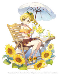 Rule 34 | 1girl, alternate costume, alternate hairstyle, aniplex, artist request, bare arms, bare legs, bare shoulders, bikini, blonde hair, bottle, bouquet, breasts, brown skirt, chair, cleavage, closed mouth, collarbone, commentary request, copyright name, cross-laced footwear, dot nose, drill hair, drink, floral print, flower, food, frilled skirt, frills, fruit, full body, hair flower, hair ornament, hairpin, half-closed eyes, hands up, happy, head tilt, holding, holding bottle, holding saucer, jitome, leaf, leaf hair ornament, legs together, lemon, lemon slice, lemonade, lens flare, light blush, light smile, looking at viewer, mahou shoujo madoka magica, mahou shoujo madoka magica (anime), medium breasts, miniskirt, napkin, navel, off-shoulder bikini, off shoulder, official art, on chair, orange bikini, orange ribbon, parasol, phantom of the kill, pitcher (container), plaid, platform footwear, ribbon, sand, sandals, saucer, shadow, simple background, sitting, skirt, solo, soul gem, spaghetti strap, stomach, striped bikini, striped clothes, sunflower, swimsuit, table, tablecloth, toes, tomoe mami, umbrella, vase, vertical stripes, white background, wooden chair, wooden table, wrist flower, yellow eyes, yellow flower, yellow theme