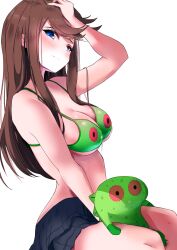 1girl airi_rei areola_slip arm_up between_legs bikini bikini_under_clothes black_skirt blue_eyes blush breasts brown_hair chupacabra_(idolmaster) covered_erect_nipples green_bikini hand_on_own_head highres idolmaster idolmaster_million_live! large_breasts long_hair looking_at_viewer miniskirt sideways_glance simple_background skirt smile solo straight_hair string_bikini swimsuit tokoro_megumi very_long_hair white_background