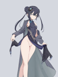 Rule 34 | 1girl, absurdres, black dress, black hair, blue archive, blush, breasts, butterfly hair ornament, cleft of venus, closed mouth, clothes lift, coat, covered erect nipples, double bun, dress, dress lift, feet out of frame, grey coat, grey eyes, groin, hair bun, hair ornament, highres, kisaki (blue archive), lifted by self, long hair, long sleeves, looking at viewer, off shoulder, open clothes, open coat, pussy, single bare shoulder, small breasts, solo, standing, twintails, uncensored, yog (1598125441)