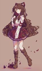 Rule 34 | 1girl, art trade, bare shoulders, belt, belt buckle, blush, boots, bow, brown background, brown belt, brown footwear, brown hair, buckle, clenched hand, closed mouth, commentary, english commentary, flower, hair ribbon, highres, holding, holding flower, knee boots, littlebluemuffin, long hair, long sleeves, looking at viewer, miniskirt, original, painttool sai (medium), petals, red flower, red ribbon, red rose, red skirt, ribbon, rose, shadow, shirt, sidelocks, skirt, sleeve bow, sleeves past wrists, smile, very long hair, white bow, white shirt, yellow eyes