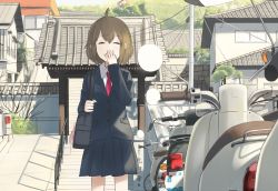 Rule 34 | 1girl, ahoge, architecture, bag, bare tree, blazer, brown hair, closed eyes, commentary, covering own mouth, east asian architecture, hand over own mouth, hinami047, house, jacket, mirror, motor vehicle, necktie, open mouth, original, outdoors, pleated skirt, power lines, school uniform, scooter, short hair, shoulder bag, skirt, sleepy, solo, stairs, tree, yawning
