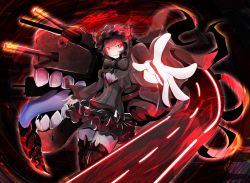 Rule 34 | 10s, 1girl, abyssal ship, bad id, bad pixiv id, black hair, bow, cleavage cutout, clothing cutout, colored skin, colored tongue, foreshortening, gothic lolita, heart, horns, isolated island princess, kantai collection, lolita fashion, miniskirt, nanamiyuki, purple tongue, red eyes, skirt, smile, solo, thighhighs, tongue, tongue out, turret, white skin, zettai ryouiki