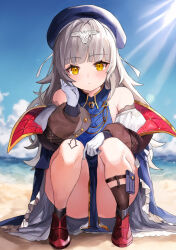 Rule 34 | 1girl, absurdres, ahoge, arm garter, azur lane, beach, beret, black socks, blue dress, blue hat, blue sky, blunt bangs, blush, breasts, chinese commentary, closed mouth, cloud, cloudy sky, convenient censoring, dress, expressionless, full body, gloves, gold trim, grey hair, hair ornament, hand on own cheek, hand on own face, hat, highres, jacket, light rays, long hair, looking at viewer, ocean, off shoulder, open clothes, open jacket, outdoors, pelvic curtain, red footwear, rou bao mao-gravity5, shoes, single sock, sky, small breasts, socks, solo, squatting, sunlight, white gloves, yellow eyes, z46 (azur lane)