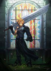 Rule 34 | 00s, 1990s (style), 1boy, asymmetrical clothes, blonde hair, blue eyes, brolo, church, cloud strife, elbow gloves, final fantasy, final fantasy vii, final fantasy vii advent children, gloves, looking at viewer, male focus, muscular, over shoulder, oversized object, petals, shoulder pads, sleeveless, solo, spiked hair, stained glass, strap, sword, sword over shoulder, weapon, weapon over shoulder