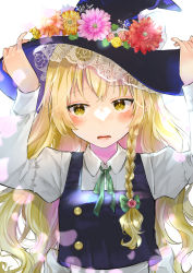 Rule 34 | 1girl, black hat, black vest, blonde hair, blush, bow, braid, breasts, buttons, commentary request, daisy, fingernails, floral print, flower, flower request, green bow, hair bow, hair flower, hair ornament, hair ribbon, hands on headwear, hands up, hat, hat flower, highres, juliet sleeves, kirisame marisa, long hair, long sleeves, looking away, medium breasts, open mouth, orange flower, pink flower, puffy sleeves, red flower, ribbon, rose, side braid, simple background, single braid, solo, touhou, tress ribbon, upper body, very long hair, vest, white background, wing collar, witch hat, yellow eyes, yellow flower, yurara (aroma42enola)