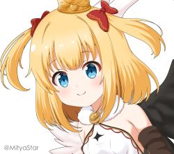 Rule 34 | 1girl, asymmetrical wings, bare shoulders, black wings, blonde hair, blue eyes, blush, bow, closed mouth, commentary, commentary request, crown, feathered wings, fur collar, hair bow, marl (shironeko project), mini crown, mismatched wings, mitya, red bow, shironeko project, shirt, simple background, smile, solo, twitter username, two side up, upper body, white background, white shirt, white wings, wings