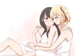 2girls bare_arms between_legs black_hair blonde_hair blush closed_mouth commentary_request dress hair_ribbon holding_hands inoue_takina interlocked_fingers long_hair lycoris_recoil multiple_girls nishikigi_chisato one_side_up parted_lips purple_eyes red_ribbon ribbon short_hair smile white_dress yuri yuuki_(yunky373)