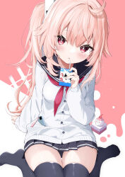 Rule 34 | 1girl, absurdres, ahoge, black sailor collar, black skirt, black thighhighs, blue archive, blush, breasts, commentary, drinking, drinking straw, drinking straw in mouth, highres, kamioka shun&#039;ya, long sleeves, looking at viewer, milk carton, miniskirt, natsu (blue archive), neckerchief, pink eyes, pink hair, pleated skirt, puffy long sleeves, puffy sleeves, red neckerchief, sailor collar, school uniform, serafuku, shirt, side ponytail, sitting, skirt, small breasts, solo, thighhighs, wariza, white shirt