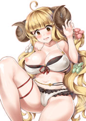 Rule 34 | 1girl, absurdres, ahoge, anila (granblue fantasy), anila (summer) (granblue fantasy), bikini, blonde hair, blunt bangs, breasts, brown eyes, commentary request, draph, flower, granblue fantasy, hair flower, hair ornament, highres, horns, large breasts, long hair, minase (takaoka nanase), navel, open mouth, simple background, solo, swimsuit, teeth, thick eyebrows, white background, white bikini