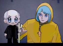 1boy 1girl bald blue_eyes blue_hair cane character_doll closed_mouth cross cross_necklace highres holding holding_cane hood hood_up jewelry jubilee_2025 korean_commentary looking_at_another luce_(jubilee_2025) necklace old old_man pepricica photo-referenced raincoat real_life rino_fisichella role_reversal smile upper_body yellow_raincoat