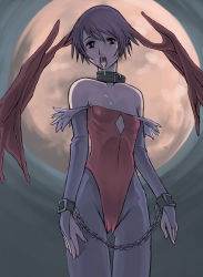 Rule 34 | 1girl, bare shoulders, capcom, chain, collar, cum, cum in mouth, demon girl, flat chest, g-room honten, head wings, leotard, lilith aensland, moon, pantyhose, print pantyhose, purple hair, purple pantyhose, red leotard, ribs, short hair, slave, solo, vampire (game), wings