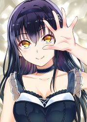 Rule 34 | 1girl, black choker, black hair, black hairband, black shirt, bone hair ornament, breasts, choker, cleavage, closed mouth, collarbone, commentary, eyes visible through hair, frilled choker, frilled shirt, frills, hair between eyes, hair ornament, hairband, hand up, highres, kushima kamome, large breasts, light blush, lips, long hair, looking at viewer, non-web source, open hand, ringed eyes, sakayama shinta, shirt, sidelocks, simple background, skull and crossbones, skull hair ornament, sleeveless, sleeveless shirt, smile, solo, straight hair, summer pockets, tsurime, upper body, upturned eyes, very long hair, yellow background, yellow eyes