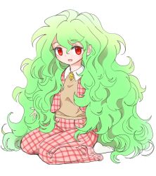 Rule 34 | 1girl, ascot, brown sweater vest, collared shirt, commentary, commentary request, fluffy, gradient hair, green hair, kazami yuuka, long hair, multicolored hair, on floor, open mouth, pants, plaid, plaid pants, plaid vest, red eyes, red pants, red vest, s-a-murai, shirt, sitting, socks, solo, sweater vest, touhou, very long hair, vest, wariza, white background, white shirt, white socks, yellow ascot