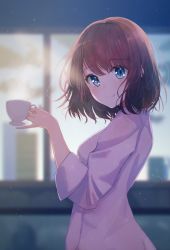 Rule 34 | 1girl, blue eyes, blurry, blush, breasts, brown hair, commentary request, cup, day, depth of field, from side, hand up, highres, holding, holding cup, hyakunin momoko, indoors, long sleeves, looking at viewer, looking to the side, medium breasts, original, shirt, short hair, sleeves rolled up, solo, tareme, teacup, upper body, white shirt, window