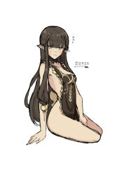 Rule 34 | 1girl, apron, black hair, blush, breasts, character name, cleavage, fate/apocrypha, fate (series), flying sweatdrops, long hair, looking at viewer, nakatokung, naked apron, pointy ears, semiramis (fate), simple background, sitting, solo, very long hair, white background, yellow eyes