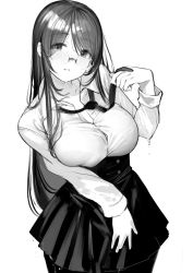Rule 34 | 1girl, blush, breasts, cleavage, glasses, greyscale, highres, koruse, large breasts, long hair, long sleeves, looking at viewer, monochrome, necktie, original, pantyhose, simple background, skirt, solo, thighhighs, thighs, wet, wet clothes, white background