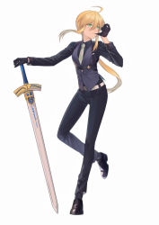 Rule 34 | 1girl, absurdres, ahoge, alternate costume, artoria pendragon (all), artoria pendragon (fate), black gloves, blonde hair, blue vest, excalibur (fate/stay night), fate/zero, fate (series), formal, glove in mouth, gloves, green eyes, hair between eyes, highres, long hair, mouth hold, pants, ponytail, saber (fate), solo, suit, sword, vest, weapon, yorukun