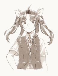 Rule 34 | 1girl, ahoge, bad id, bad twitter id, dress shirt, hair ribbon, hand on own hip, kagerou (kancolle), kantai collection, long hair, looking at viewer, miroku san-ju, monochrome, neck ribbon, ribbon, school uniform, sepia, shirt, short sleeves, simple background, solo, twintails, upper body, vest