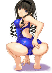 Rule 34 | 1girl, amagami, ass, barefoot, black hair, blue eyes, competition swimsuit, drill hair, feet, from behind, hairband, looking back, marubonman, morishima haruka, one-piece swimsuit, soles, solo, squatting, swimsuit, wet
