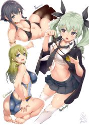 Rule 34 | 10s, 3girls, :d, anchovy (girls und panzer), armlet, artist name, ass, barefoot, bikini, black bikini, black hair, black legwear, blonde hair, blush, braid, breasts, cape, carpaccio (girls und panzer), character name, cleavage, competition swimsuit, drill hair, feet, from behind, girls und panzer, green eyes, green hair, grin, hair ribbon, hand on own ass, holding, holding riding crop, large breasts, long hair, looking at viewer, looking back, lying, midriff, miniskirt, multiple girls, navel, necktie, one-piece swimsuit, open mouth, pepperoni (girls und panzer), pleated skirt, red eyes, ribbon, riding crop, school uniform, seiza, shirt, short hair, side braid, signature, simple background, sitting, skirt, smile, soles, swimsuit, thighhighs, tied shirt, toes, twin drills, twintails, uo denim, white background, white legwear, white shirt, yellow eyes