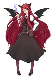 Rule 34 | 1girl, animal print, bat print, bat wings, belt, bespectacled, book, canitama, earrings, embodiment of scarlet devil, female focus, fire, full body, glasses, hand on own hip, head wings, highres, holding, holding book, index finger raised, jewelry, koakuma, long hair, md5 mismatch, necktie, pantyhose, pigeon-toed, pointy ears, purple pantyhose, red eyes, red hair, red necktie, resolution mismatch, skirt, skirt set, smile, solo, source smaller, touhou, transparent background, very long hair, vest, wings