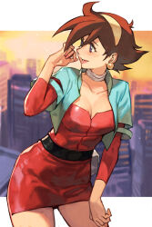 Rule 34 | 1girl, belt, black belt, blue eyes, blue jacket, blush, breasts, brown hair, city, cleavage, cowboy shot, cropped jacket, dress, earrings, g gundam, gundam, hairband, hungry clicker, jacket, jewelry, medium breasts, nail polish, neck ring, open clothes, open jacket, open mouth, pencil dress, pink nails, rain mikamura, red dress, short dress, short hair, smile, solo, sphere earrings, standing, yellow hairband