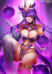 Rule 34 | 1girl, alternate costume, alternate hair color, alternate hairstyle, badcompzero, boots, breasts, cleavage, elbow gloves, eyepatch, familiar, forehead protector, gloves, highres, league of legends, lipstick, long hair, magical girl, makeup, purple eyes, purple hair, skirt, solo, star (symbol), star guardian (league of legends), star guardian syndra, syndra