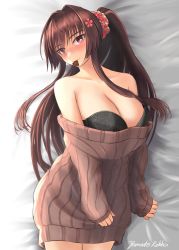 Rule 34 | 1girl, black bra, blush, bra, breasts, brown hair, brown sweater, candy, cherry blossoms, chocolate, chocolate heart, flower, food, food in mouth, hair flower, hair intakes, hair ornament, heart, high ponytail, highres, huge breasts, kantai collection, long hair, long sleeves, mouth hold, off-shoulder sweater, off shoulder, official alternate costume, red eyes, rekka yamato, sidelocks, smile, solo, sweater, underwear, very long hair, yamato (kancolle)