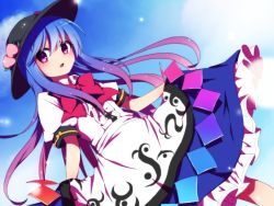 Rule 34 | 1girl, bad id, bad pixiv id, black hat, blue hair, blue skirt, blush, bow, bowtie, clothes lift, day, dress shirt, dutch angle, food, frilled skirt, frills, fruit, gradient hair, hat, hinanawi tenshi, lifted by self, long hair, looking at viewer, multicolored hair, parted lips, peach, pink eyes, pink hair, puffy short sleeves, puffy sleeves, rainbow order, red bow, red bowtie, sash, shirt, short sleeves, sidelocks, skirt, skirt lift, solo, sunlight, touhou, white shirt, you (noanoamoemoe)