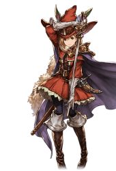 Rule 34 | 10s, 1girl, alpha transparency, arcana dueler (granblue fantasy), blonde hair, bob cut, boots, brown eyes, brown footwear, cape, djeeta (granblue fantasy), dress, feather boa, full body, gloves, granblue fantasy, hat, hat feather, knee boots, leather, leather boots, minaba hideo, official art, parted lips, short hair, solo, sword, transparent background, weapon, white gloves