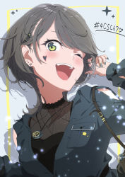Rule 34 | 1girl, bad id, bad pixiv id, bag, black shirt, blue jacket, blush, clothing cutout, commentary request, earrings, facial mark, green eyes, grey hair, grey nails, hair ornament, hairclip, hand up, heart, heart facial mark, highres, jacket, jewelry, light particles, long sleeves, looking at viewer, nail polish, necklace, one eye closed, open mouth, original, pre sktch, shirt, short hair, shoulder bag, shoulder cutout, smile, solo, star (symbol), stud earrings, teeth, upper body, upper teeth only