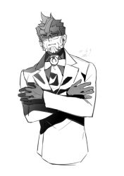 Rule 34 | 1boy, absurdres, ace attorney, beard, commentary request, damon gant, dated, facial hair, glasses, gloves, greyscale, hair between eyes, highres, male focus, monochrome, simple background, solo, standing, upper body, vm (as92402)