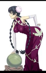 Rule 34 | 00s, 1girl, bad id, bad pixiv id, bare shoulders, bent over, black hair, braid, breasts, bun cover, china dress, chinese clothes, covered erect nipples, dress, elbow gloves, fujii toshiaki, gloves, gundam, gundam 00, haro, large breasts, letterboxed, simple background, smile, solo, tight clothes, twin braids, wang liu mei