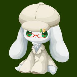 Rule 34 | animal focus, bottomless, buttons, cabbie hat, character request, closed mouth, collared shirt, full body, glasses, green background, green eyes, handymonsters, hat, kagehito (hitokage22), no humans, pince-nez, red-framed eyewear, shirt, simple background, sitting, sleeves past fingers, sleeves past wrists, solo, spread legs, white hat, white shirt