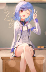 Rule 34 | 1girl, :d, absurdres, arm up, armband, bad id, bad pixiv id, black shirt, black skirt, blue hair, chalkboard, collared shirt, crossed legs, daimi 94, dolphin hair ornament, drawing, eraser, facing viewer, fang, highres, hood, hoodie, insignia, jacket, light particles, long sleeves, looking at viewer, necktie, nijisanji, nishizono chigusa, nishizono chigusa (1st costume), one eye closed, open clothes, open mouth, pleated skirt, purple eyes, purple necktie, red eyes, school uniform, shirt, short hair, sitting, skin fang, skirt, smile, solo, sunlight, table, uniform, v, virtual youtuber, white jacket