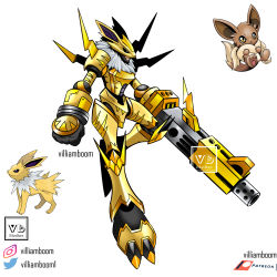 Rule 34 | 1boy, :3, absurdres, arm cannon, armor, artist name, black sclera, colored sclera, commentary, creatures (company), digimon, eevee, english commentary, full armor, full body, fur collar, game freak, gen 1 pokemon, gun, highres, jolteon, nintendo, parody, pokemon, reference inset, rifle, solo, style parody, tail, villiam boom, weapon, white background, yellow eyes