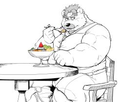 Rule 34 | 1boy, aegis (crave saga), alternate costume, animal ears, armor, bara, bear boy, bear ears, belly, blush, bursting pectorals, casual, crave saga, cup, eating, facial hair, fat, fat man, food, forked eyebrows, fruit, furry, furry male, gauntlets, goatee, grey hair, highres, holding, holding spoon, ice cream, kumagayasin, looking to the side, male focus, mature male, midriff peek, muscular, muscular male, mustache, old, old man, on chair, pectorals, shirt, short hair, shy, sitting, solo, spoon, spot color, strawberry, thick eyebrows, translation request, white fur