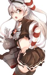 Rule 34 | 10s, 1girl, absurdres, adapted costume, amatsukaze (kancolle), asymmetrical gloves, choker, cowboy shot, crop top, elbow gloves, fang, fingerless gloves, from behind, garter straps, gloves, hair tubes, hand on own hip, headgear, highres, kantai collection, long hair, looking at viewer, looking back, open mouth, ranf, rensouhou-kun, short sleeves, silver hair, simple background, skirt, solo, striped clothes, striped gloves, thighhighs, two side up, uneven eyes, uneven gloves, white background, white gloves, yellow eyes