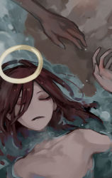 Rule 34 | 1boy, angel devil (chainsaw man), beach, brown hair, chainsaw man, closed eyes, death, disembodied hand, halo, highres, in water, long hair, nakano (2 mannaka), out of frame, solo focus, topless male, water