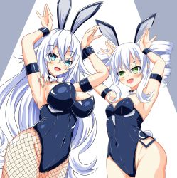 Rule 34 | 2girls, armpits, arms up, artist request, black heart (neptunia), black sister, blue eyes, blush, breasts, cleavage, covered navel, drill hair, fishnet pantyhose, fishnets, green eyes, highres, large breasts, leotard, long hair, medium breasts, multiple girls, neptune (series), pantyhose, rabbit ears, rabbit tail, siblings, sisters, thick thighs, thighs, twin drills, white hair